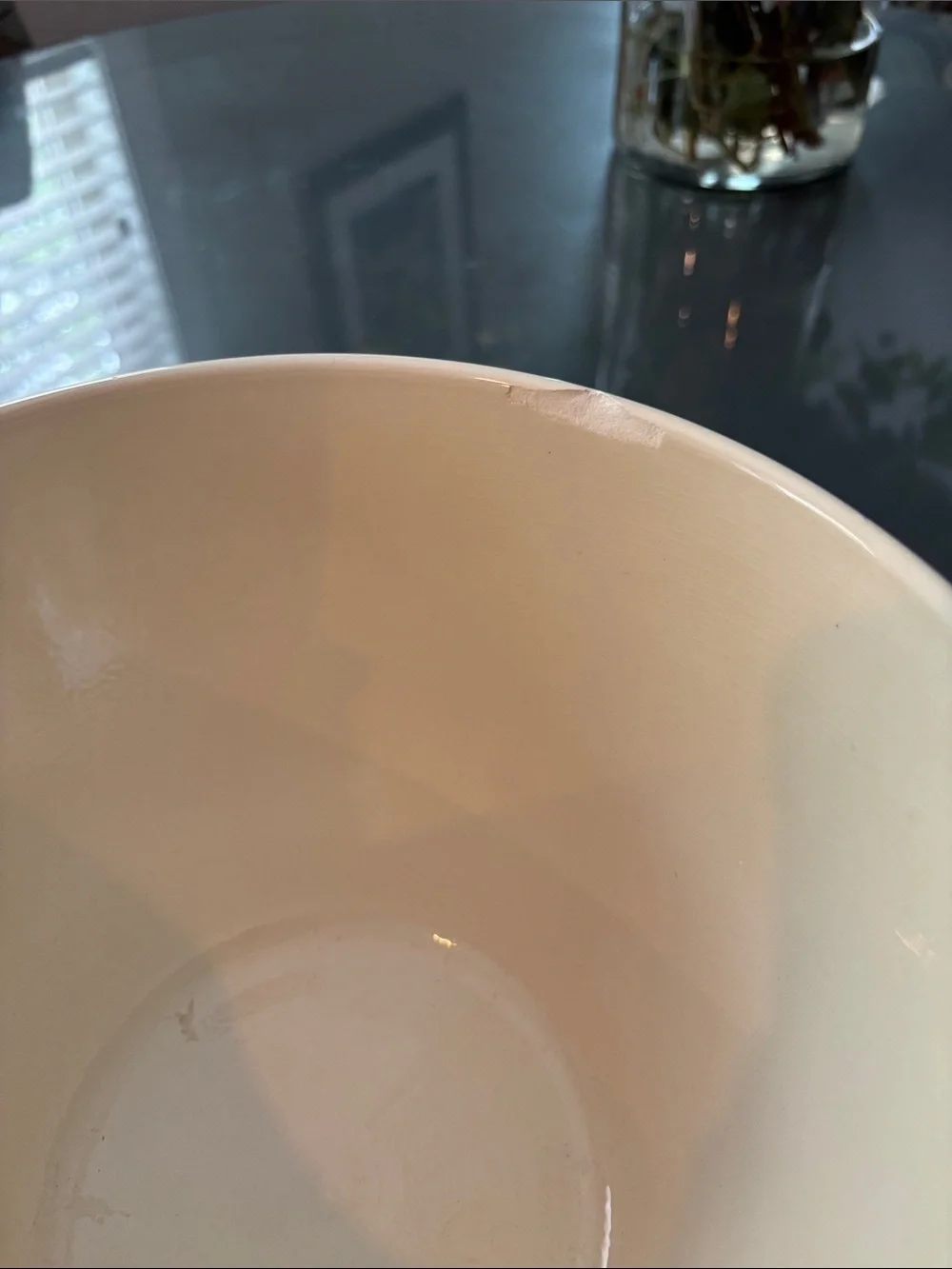 Crate and Barrel Blue Ceramic Mixing Bowl with Cream Interior-slight chip
